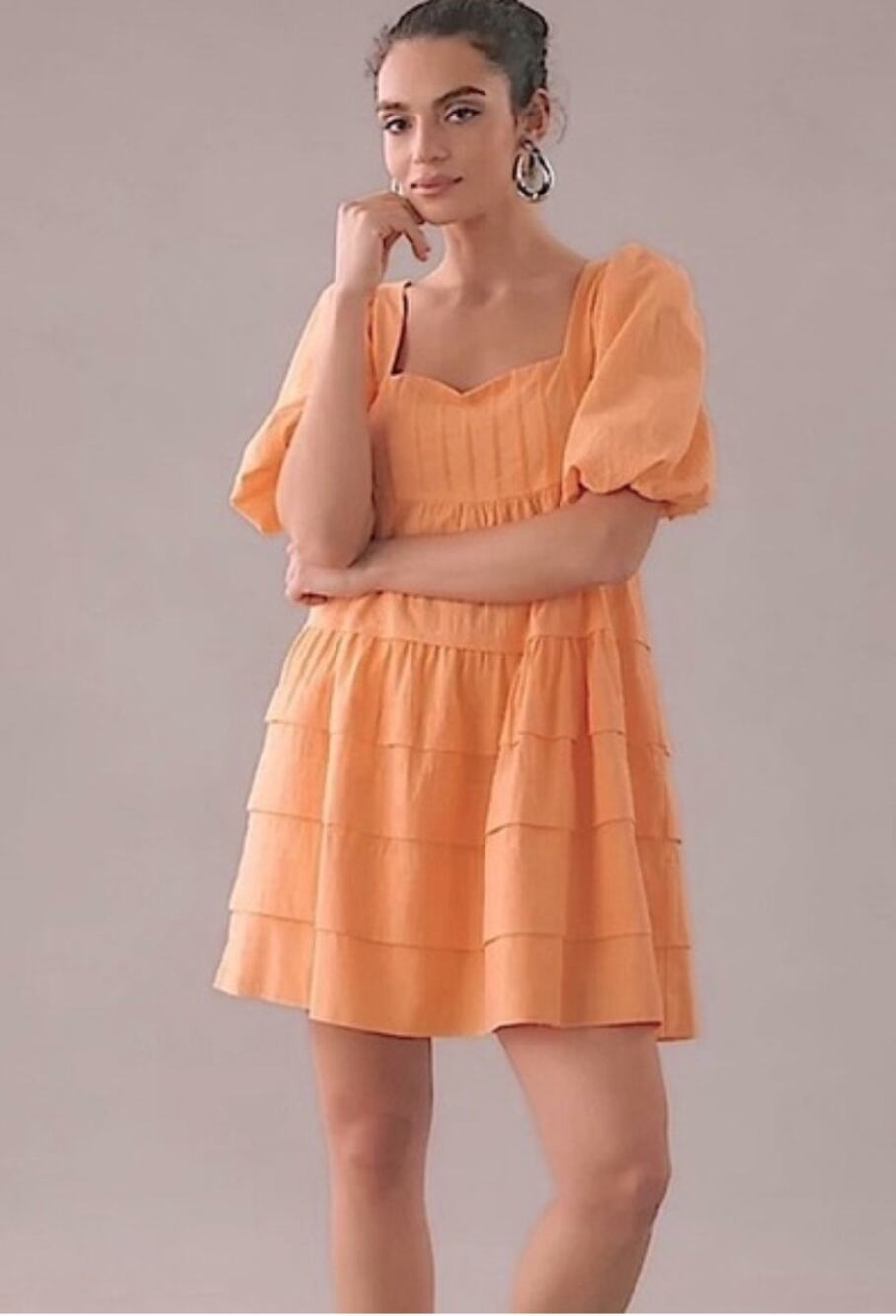 By Anthropologie Square Neck Puff Sleeve Tiered Dress in Orange Size Medium